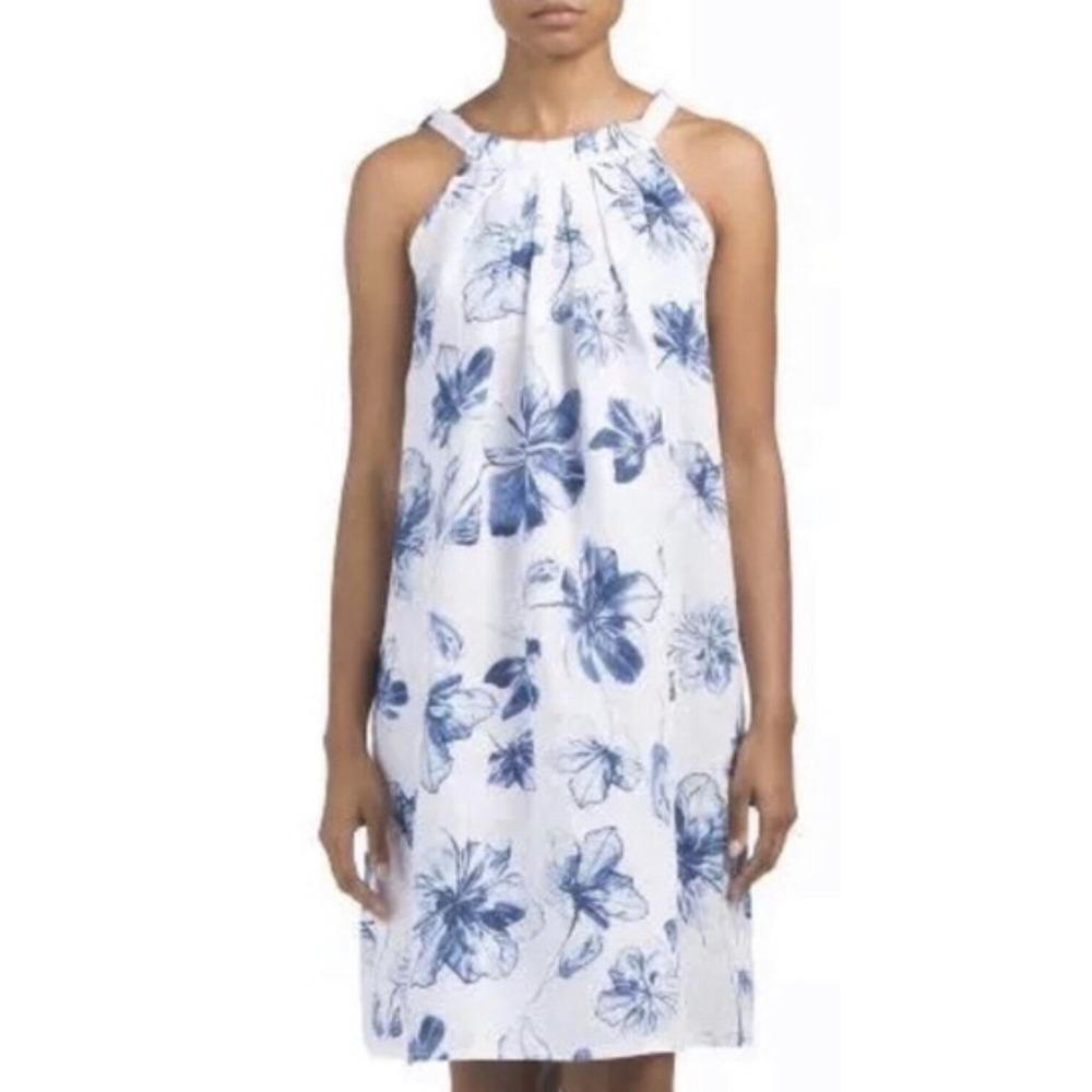 Bellambia Blue White Floral Linen Halter Tie Neck Shift Dress Beach Boho IITA XS